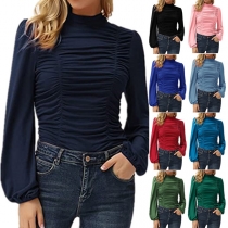 Fashion Solid Color Lantern Sleeve Mock Neck Wrinkled T-shirt