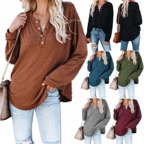 Casual Style Long Sleeve V-neck Solid Color Loose T-shirt
