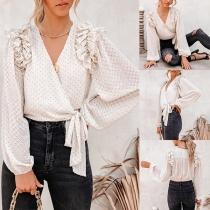 Sexy V-neck Puff Sleeve Knotted Hem Ruffle Chiffon Top