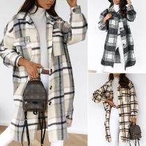 Fashion Long Sleeve POLO Collar Single-breasted Plaid Coat