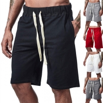 Fashion Solid Color Drawstring Waist Man's Knee-length Beach Shorts