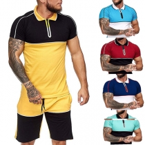 Fashion Contrast Color Short Sleeve POLO Collar T-shirt + Shorts Man's Sports Suit