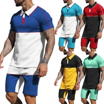 Fashion Contrast Color Short Sleeve POLO Collar T-shirt + Shorts Man's Sports Suit