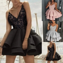 Sexy Backless V-neck Cake Hem Lace Spliced Sling Dress