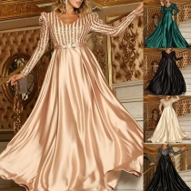 Sexy Deep V-neck Long Sleeve Sequin Spliced Floor-length Party Dress