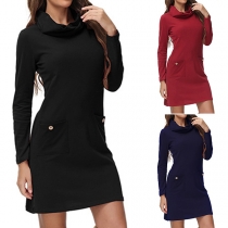 Fashion Solid Color Long Sleeve Cowl Neck Front-pocket Slim Fit Dress