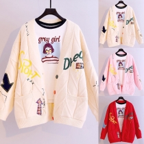 Preppy Style Contrast Color Letters Printed Long Sleeve Loose Knit Cardigan