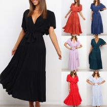 Elegant Solid Color Lotus Sleeve V-neck Tie-belt Dress