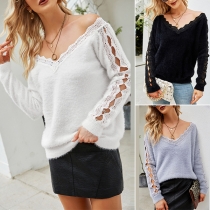 Sexy Hollow Out Long Sleeve Lace Spliced V-neck Pullover Sweater