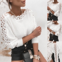 Fashion Hollow Out Lace Spliced Long Sleeve V-neck Knit Sweater