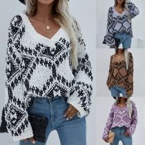 Casual Style Long Sleeve V-neck Loose Contrast Color Printed Loose Sweater