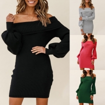 Sexy Off-shoulder Boat Neck Lantern Sleeve Solid Color Slim Fit Knit Dress