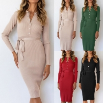 Fashion Solid Color Long Sleeve POLO Collar Slim Fit Knit Dress with Waist Strap