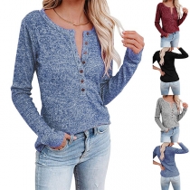 Fashion Long Sleeve Round Neck Front-button T-shirt