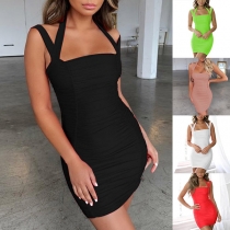 Sexy Backless Square Collar Solid Color Slim Fit Bandage Dress