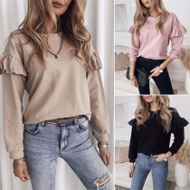 Casual Style Ruffle Long Sleeve Round Neck Solid Color Loose Sweatshirt