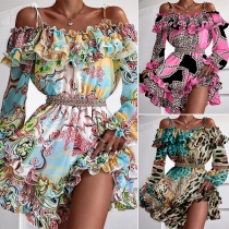 Sexy Off-shoulder Long Sleeve Ruffle Sling Printed Dress
