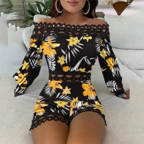 Sexy Lace Spliced Boat Neck Long Sleeve High Waist Slim Fit Printed Romper