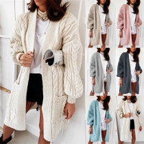 Fashion Solid Color Long Sleeve Front-pocket Loose Knit Cardigan