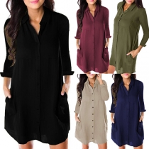Fashion Solid Color Long Sleeve POLO Collar Loose Shirt Dress