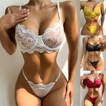Sexy Solid Color See-through Lace Spliced Underwear Set