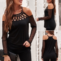 Sexy Off-shoulder Gauze Spliced Long Sleeve Hollow Out Sling T-shirt