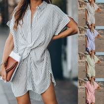 OL Style Short Sleeve POLO Collar Twisted Stripe Shirt Dress