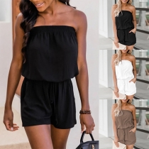 Sexy Strapless Drawstring Elastic Waist Solid Color Romper