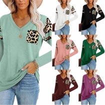 Fashion Leopard Spliced Long Sleeve V-neck Loose T-shirt