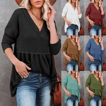 Fashion Solid Color Long Sleeve V-neck Loose T-shirt