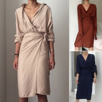 Sexy Deep V-neck Long Sleeve Tie-bely Slim Fit Dress