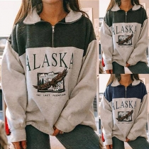 Casual Style Contrast Color Letters Printed Long Sleeve Lapel Loose Sweatshirt