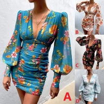 Sexy Deep V-neck Lantern Sleeve Slim Fit Printed Dress