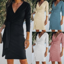 Sexy V-neck Long Sleeve Solid Color Lace-up Slim Fit Dress