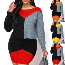 Fashion Contrast Color Long Sleeve Round Neck Sweater Dress