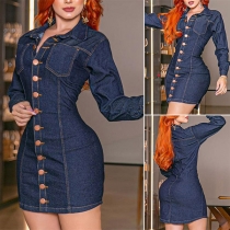 Fashion Long Sleeve POLO Collar Single-breasted Slim Fit Denim Dress