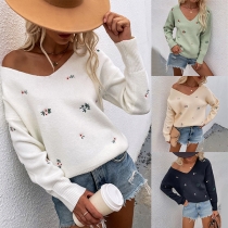 Fashion Long Sleeve V-neck Embroidered Knit Top Sweater