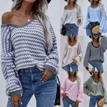 Casual Style Lantern Sleeve V-neck Loose Stripe Sweater