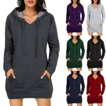 Fashion Solid Color Long Sleeve Hooded Front-pocket Sweatshirt Dress