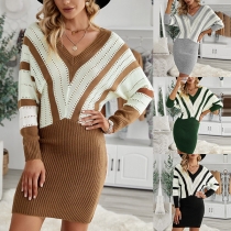 Fashion Contrast Color Long Sleeve V-neck Slim Fit Sweater Dress