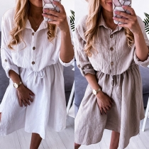 Simple Style Long Sleeve POLO Collar Drawstring Waist Shirt Dress
