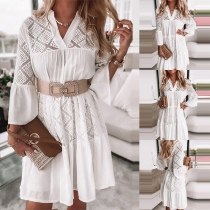 Sexy V-neck 3/4 Trunpet Sleeve Lace Spliced Dress