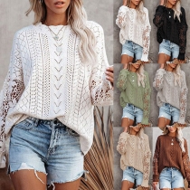 Fashion Hollow Out Lace Spliced Long Sleeve Round Neck Solid Color Sweater