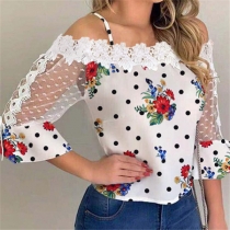 Sexy Lace Spliced 3/4 Sleeve Boat Neck Dots Printed Sling Top