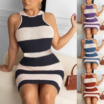 Fashion Sleeveless Round Neck Contrast Color Slim Fit Knit Dress