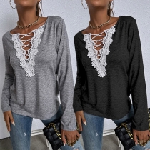 Fashion Lace Spliced V-neck Long Sleeve Loose T-shirt