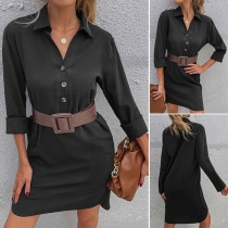 OL Style Long Sleeve POLO Collar Solid Color Loose Shirt Dress