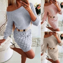 Fashion Solid Color Long Sleeve Boat Neck Slim Fit Sweater Dress