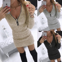 Fashion Solid Color Long Sleeve Zipper V-neck Slim Fit Sweater Dress