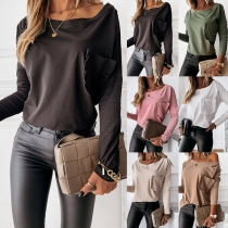 Fashion Solid Color Long Sleeve Chest Pocket Loose T-shirt